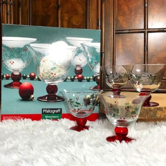 Pfaltzgraff Set of 4 Winterberry Glass Pedestal Dessert Bowls - Picture 1 of 11